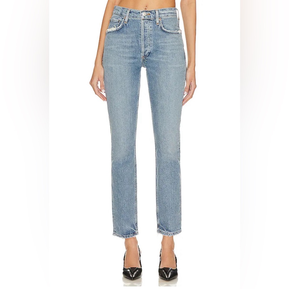 Agolde High Rise Straight Leg Jeans in Light Blue Wash